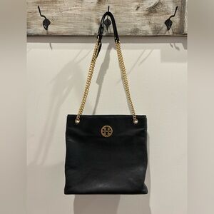 Tory Burch Black Leather Shoulder Bag or Crossbody with Gold Chain
